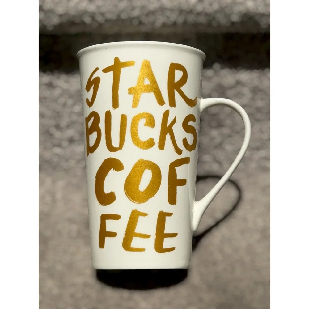 2015 Starbucks Graffiti Latte Mug Gold & White Typography Coffee/Tea Cup 16oz